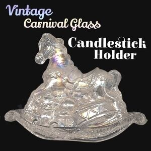 Vintage Clear iridescent carnival glass rocking horse candlestick/ taper holder